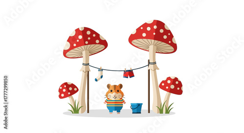 Whimsical woodland scene featuring a charming hamster doing laundry in a magical mushroom garden