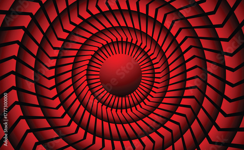 Abstract red circular pattern with a hypnotic vortex effect and dark shadows