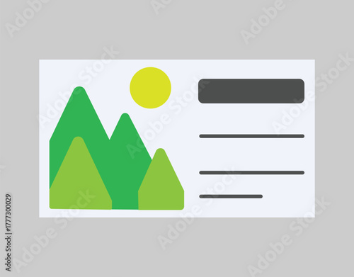 Flat design illustration of mountains and sun on a postcard with text placeholders
