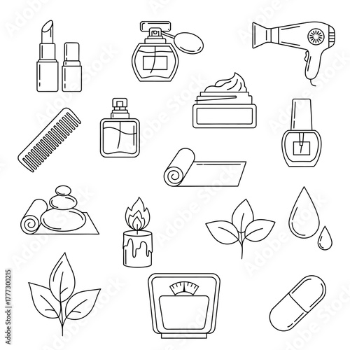 Collection of minimalist line art beauty, spa, and wellness icons, featuring cosmetics, personal care tools, and natural elements.