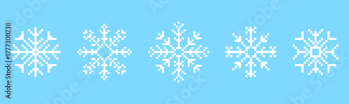 Set y2k pixel art snowflake winter crystal, retro 8 bit mosaic ornament. Ice seasonal design element, background. 90s aesthetics vintage games.
