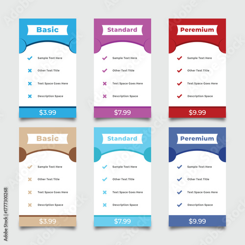 Collection of six pricing plans table, basic, standard, and premium options