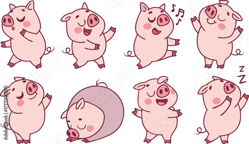 Vector cute pigs cartoons isolated. cute cartoon pigs in different poses and expressions. Set of nine adorable chubby pigs with round bodies, small ears, and pink snouts.