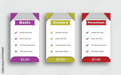 Three pricing plan cards basic, standard, and premium, with features and prices