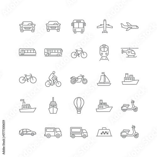 Collection of Minimalist Transportation Icons Depicting Various Vehicles in Outlines.