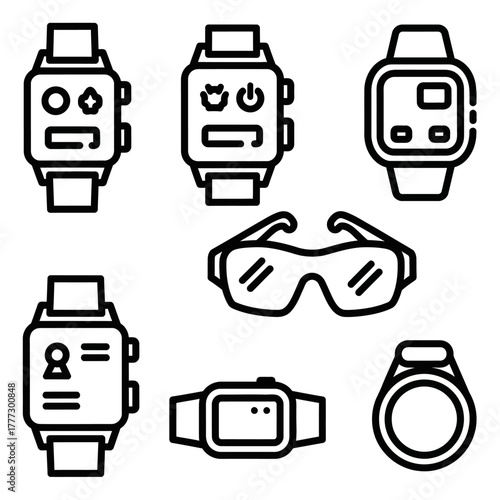 Collection of Modern Smartwatch and Sunglass Icons in Outline Style.