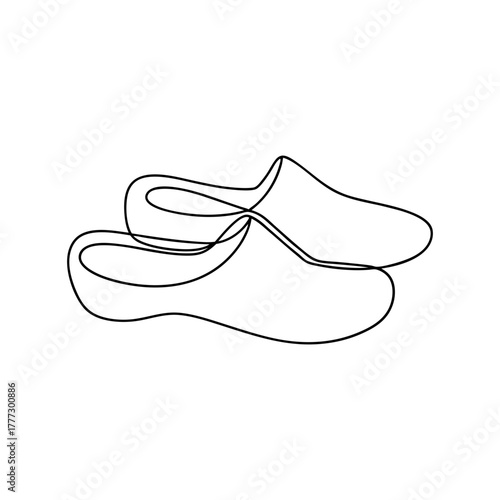 Continuous line art drawing of a pair of dutch wooden clogs