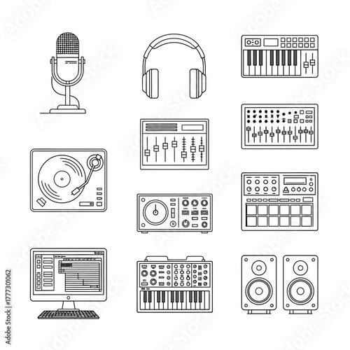 Collection of Music Production Equipment - Microphone, Headphones, Keyboard, Turntable, Speakers, and Mixer.