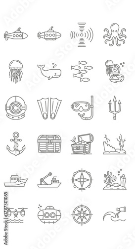 Collection of Nautical and Underwater Themed Line Art Icons.