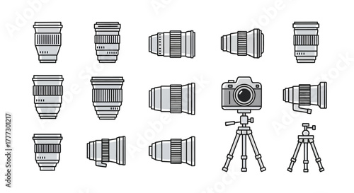 Collection of outline camera lenses, a DSLR camera, and tripods in a minimalist line art style.