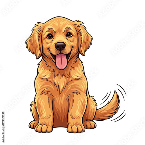 Adorable Golden Retriever Puppy Sitting and Happily Wagging Its Tail