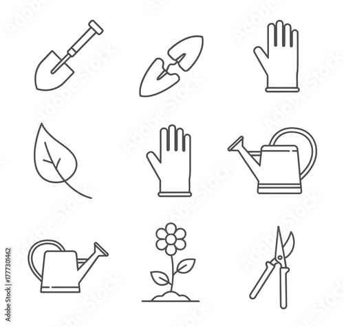 Collection of Outline Icons Representing Gardening Tools and Elements.