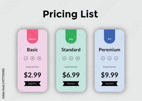 Three pricing plan cards showing basic, standard, and premium options with prices