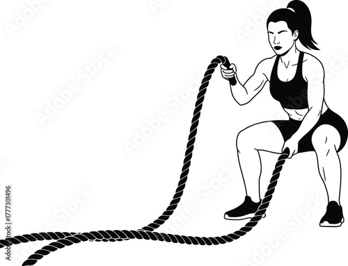 Battle Rope Exercise Vector – Black-and-White Silhouette of Athlete in Squat Position with Ropes in Motion