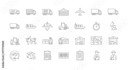 Collection of Outline Icons Representing Logistics and Shipping Services.