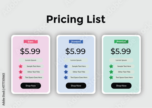 Three pricing list cards with different colors and features for subscription plans