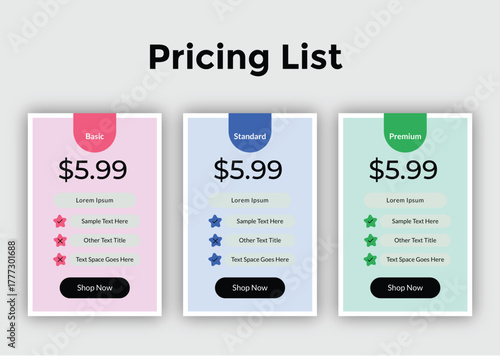 Three pricing list plans with 599 cost displayed on each card