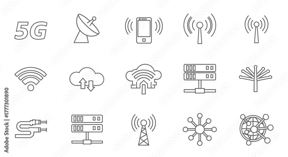 Naklejka premium Collection of outlined technology and communication icons, including 5G, satellite, Wi-Fi, cloud, and server symbols.