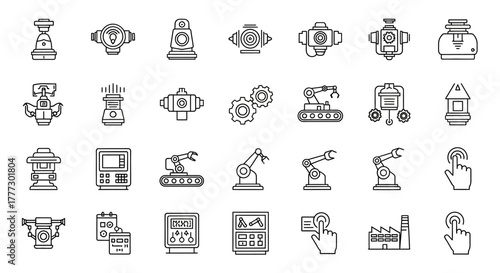 Collection of Outline Style Robotic and Automation Icons, Various Designs.