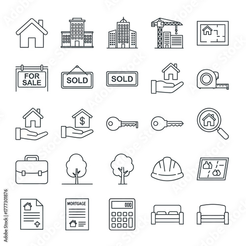 Collection of Real Estate and Property Icons in Simple Line Art Style.