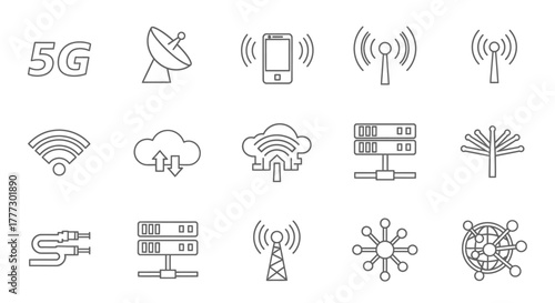 Collection of outlined technology and communication icons, including 5G, satellite, Wi-Fi, cloud, and server symbols.