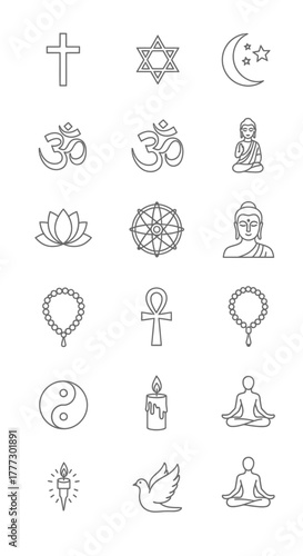 Collection of Religious Symbols - Cross, Star of David, Crescent Moon, Om, Buddha, Lotus, Rosary, Ankh, Yin Yang, Dove.