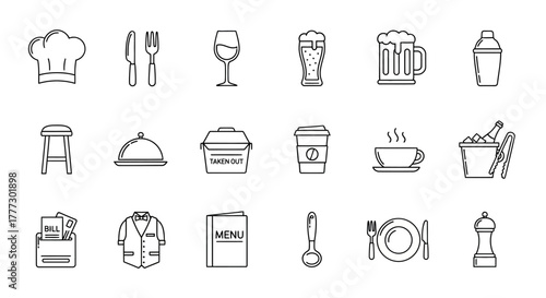 Collection of Restaurant and Bar Icons in Outline Style.