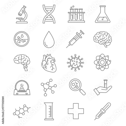 Collection of Scientific and Medical Line Art Icons.