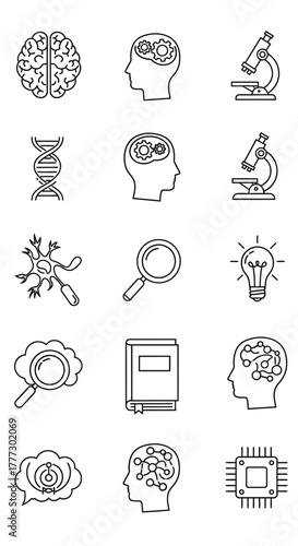 Collection of Scientific and Medical Icons Representing Brain, DNA, and Research Tools.