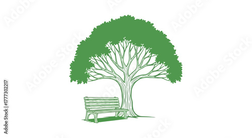 Stylized tree and park bench emblem in light green evoking nature and tranquility