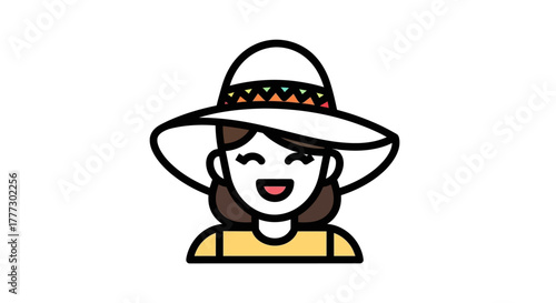 Illustration depicting a cheerful woman wearing a wide-brimmed hat with decorative details in a
