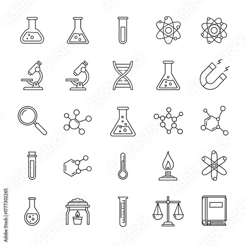 Collection of Scientific Laboratory Equipment and Molecular Structures Icons.
