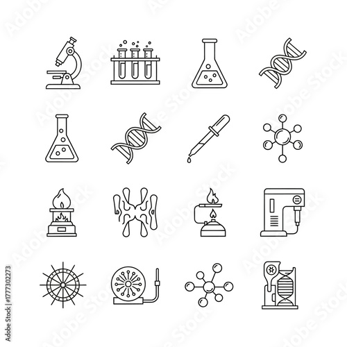 Collection of Scientific Laboratory Equipment and Molecular Structures Icons.