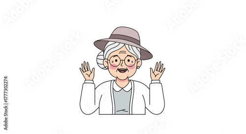 Whimsical cartoon grandmother character radiating warmth with outstretched palms and cheerful face