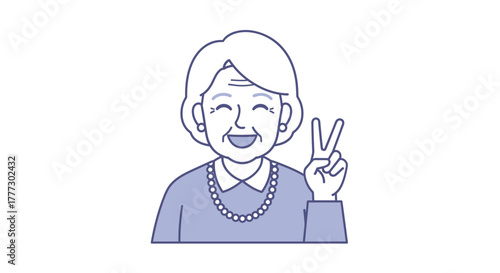 Cheerful senior woman gives a peace sign, symbolizing positivity and good health during retirement
