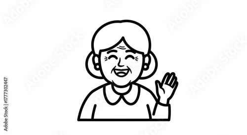 Cheerful elderly woman waving hand, radiating warmth and positivity with her friendly gesture and