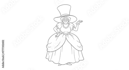Elegant vintage lady illustration with a large hat and flowing dress outline graphic ready for