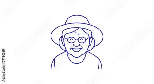 Smiling elderly woman with hat and glasses in minimal artistic style drawing