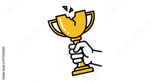 Conceptual illustration of a broken trophy held by a hand symbolizes failure or setback
