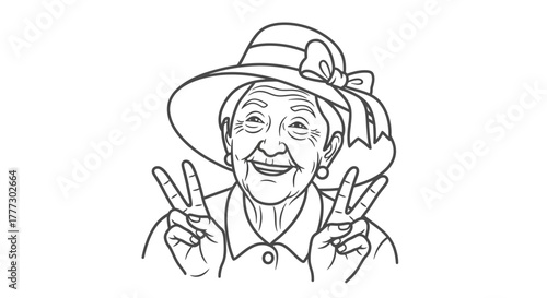 Whimsical linear artwork showcasing an elderly lady with cheerful expressions and peace signs