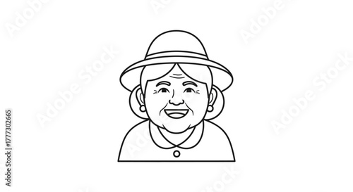 Black and white line drawing portraying a cheerful grandmother with a hat showing affection