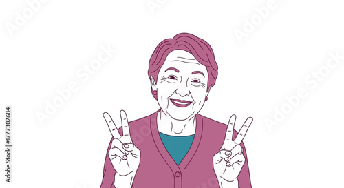 Cheerful senior woman with vibrant magenta hair making peace sign with both hands