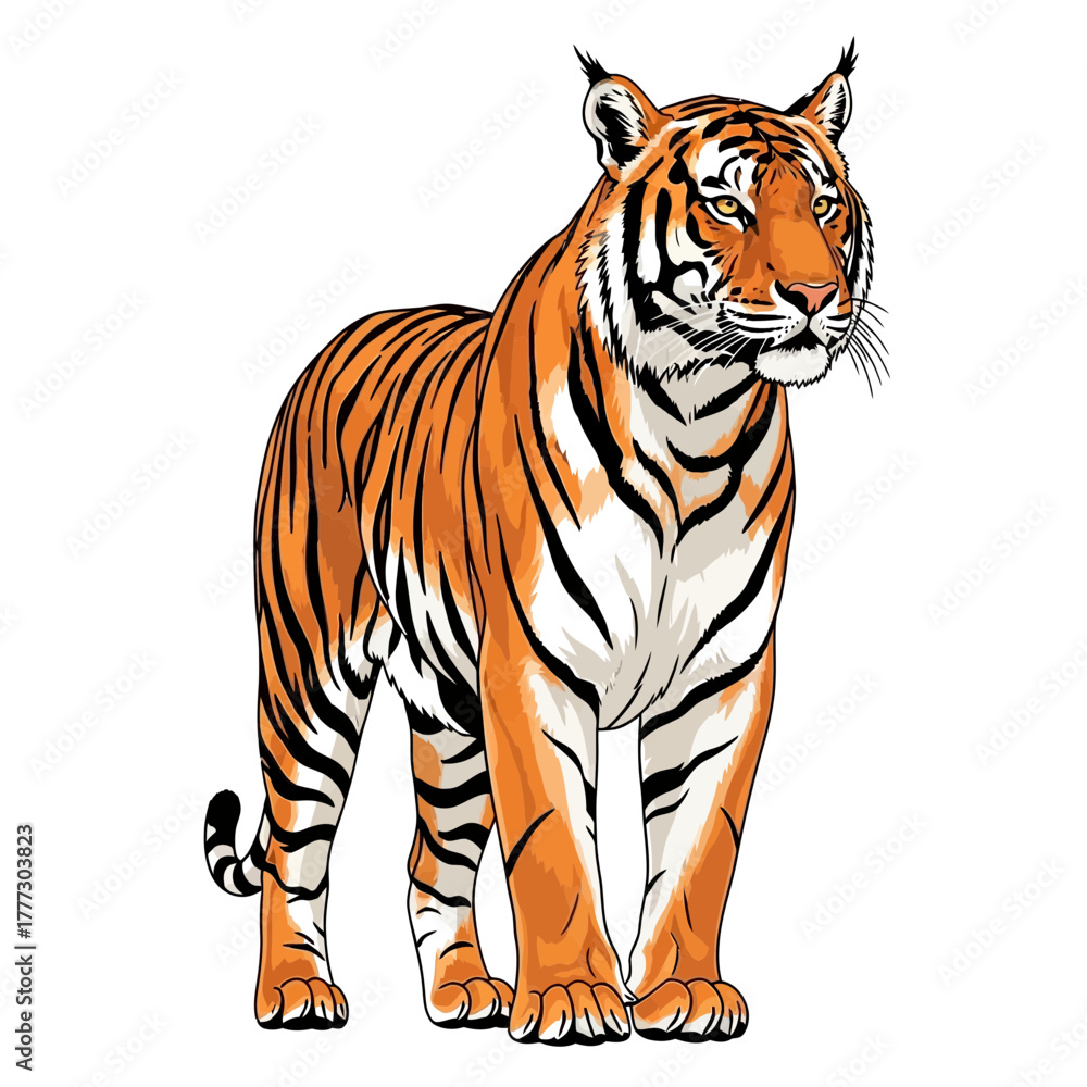 Obraz premium Close up Tiger Illustration with Vivid Orange and White Stripes Looking Forward