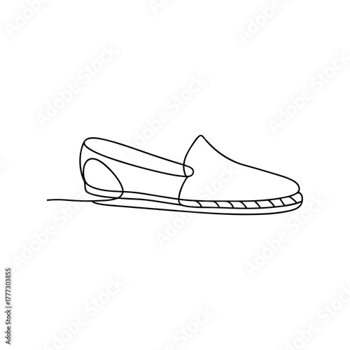 Continuous line art drawing of a casual summer espadrille shoe
