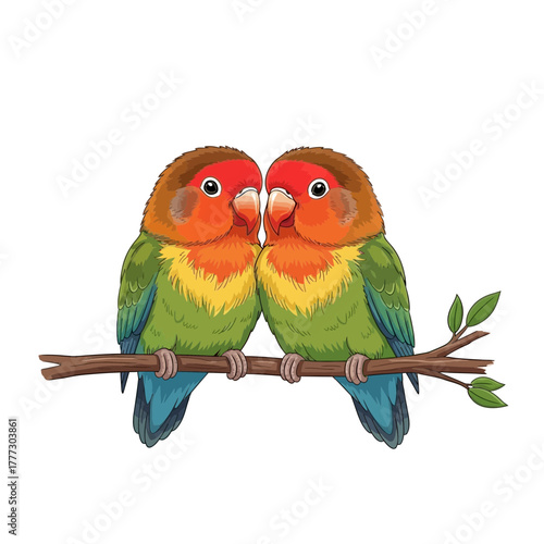 Intimate Two Lovebirds Sitting Closely on a Branch Illustration of Partnership