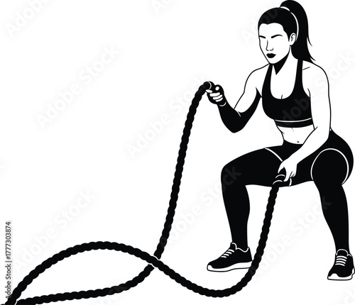 "Battle Rope Workout Silhouette – High-Intensity Fitness Vector for Strength & Conditioning Branding"