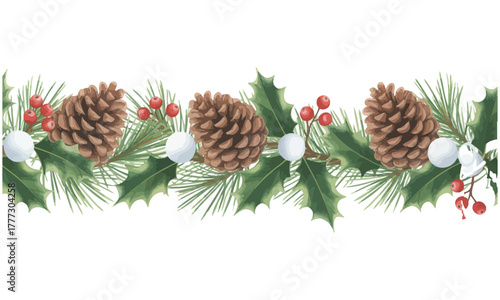 Christmas garland with pine cones holly leaves and red berries festive decoration
