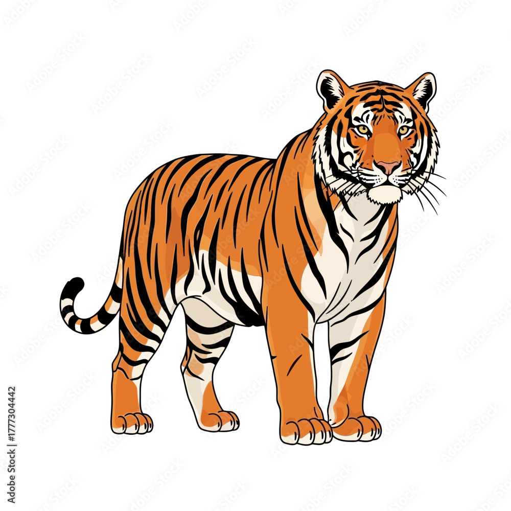 Naklejka premium Magnificent Bengal Tiger Standing Tall With Striking Stripes Vector Illustration Artwork