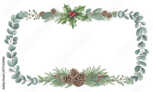 Christmas botanical frame with holly pine cones and green leaves decoration
