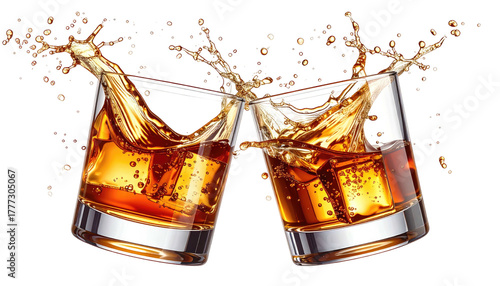 Two glasses clinking, liquid splashing up with ice and bubbles